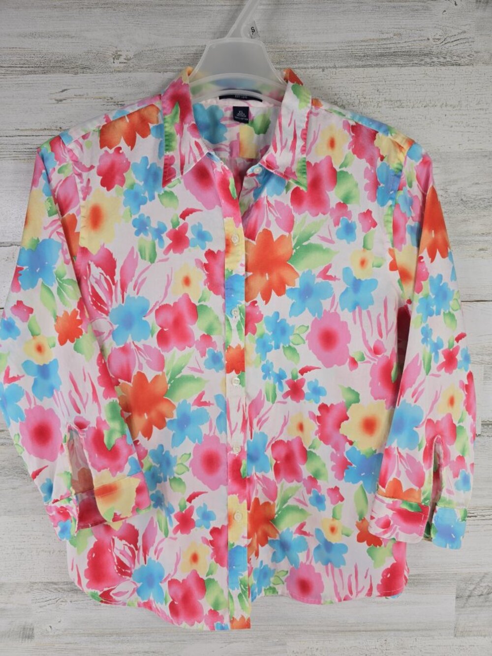 Chaps Women's SIZE XL BUTTON-UP SHIRT COLORFUL Floral SLIT SLEEVES COTTON *FLAWS